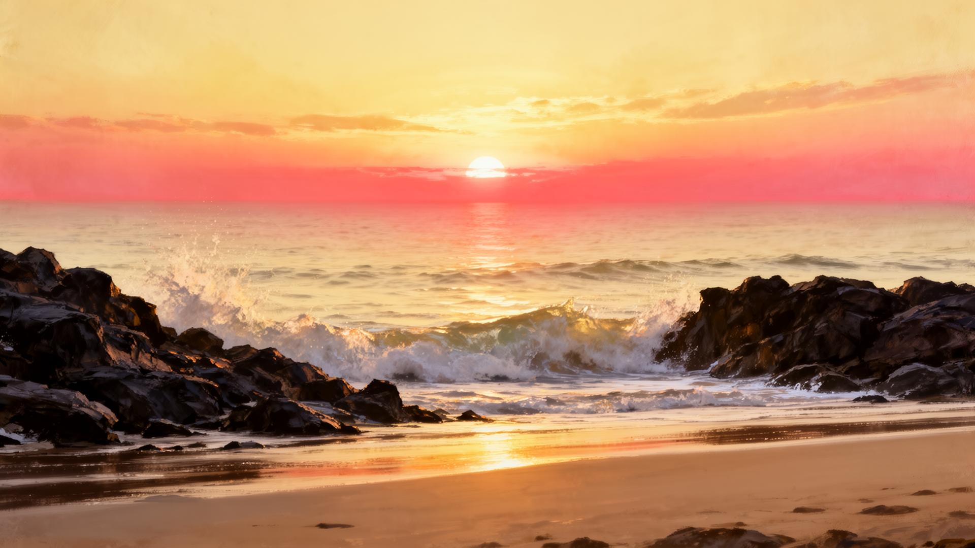 Sunrise over the sea with waves crashing on rocks